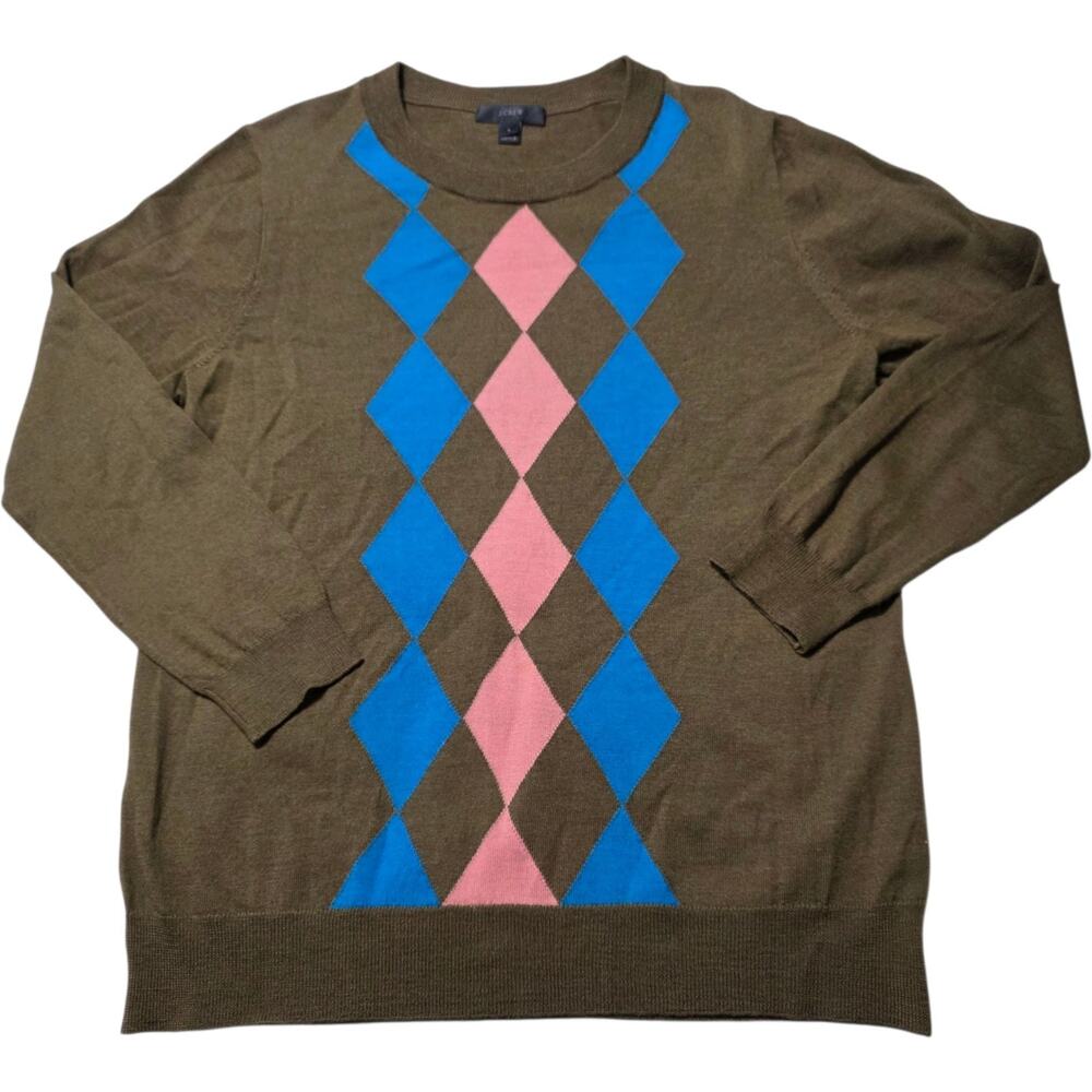 J.Crew 100% Merino Wool Argyle Sweater Womens L Brown Blue Pink Preppy